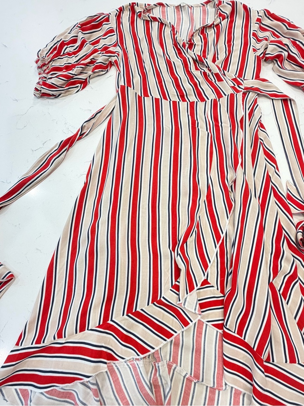 Umgee Red and Cream Striped Wrap Midi Dress with Puff Sleeves - Picture 8 of 10